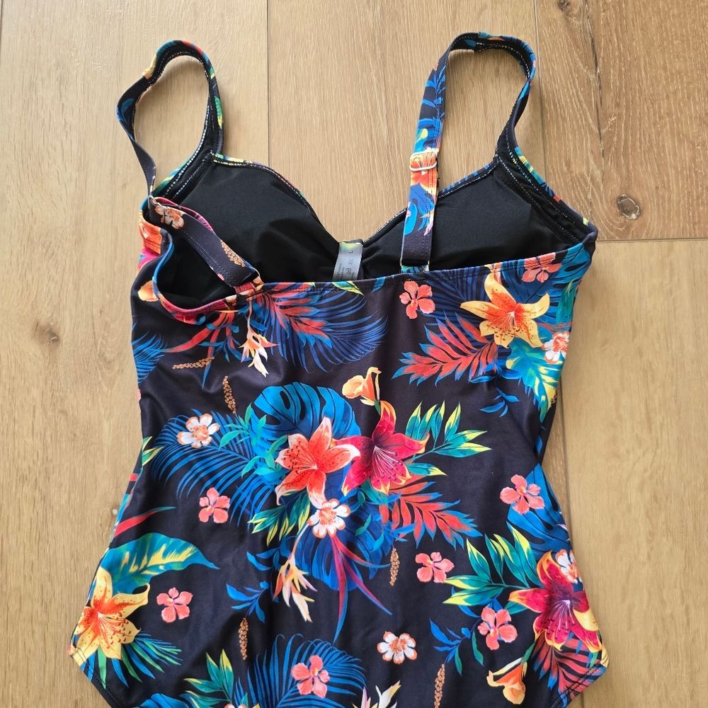 Tempt Me Size M Black Blue Floral Ruched Slimming Suit One Piece Tummy Control - Picture 5 of 7